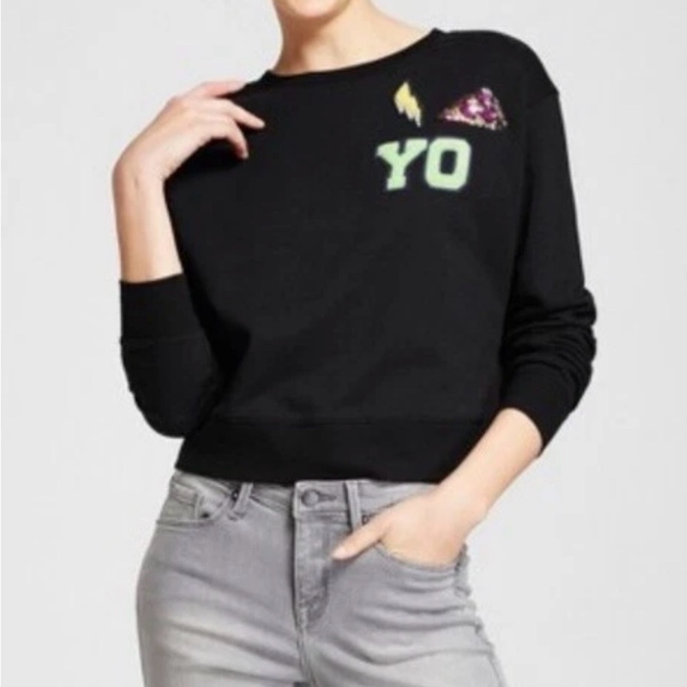Mossimo Supply Co. Yo Pizza Patch Black Cropped Sweatshirt Womens Size XXL
